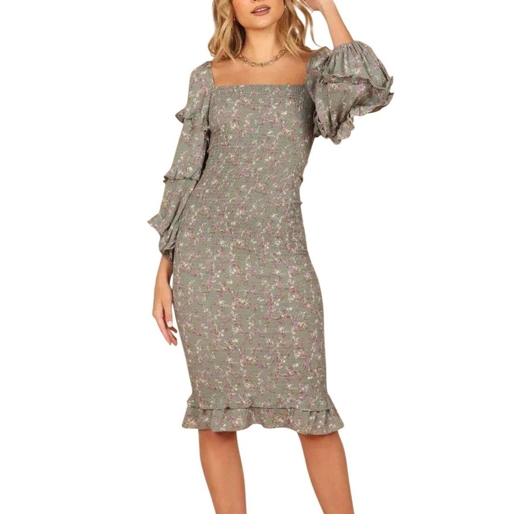 Petal & Pup Sage Green Ditsy Floral Smocked Midi Dress S Puff Sleeve Cottagecore